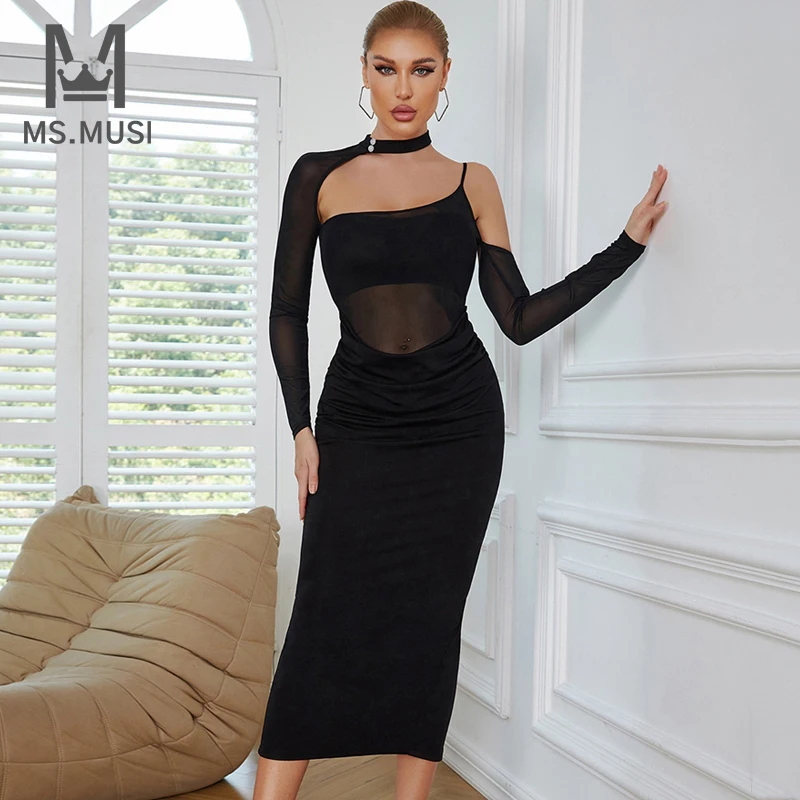 

MSMUSI 2022 New Fashion Women Sexy Black Halter Off The Shoulder Draped Fold Long Sleeve Backless Bodycon Party Club Midi Dress