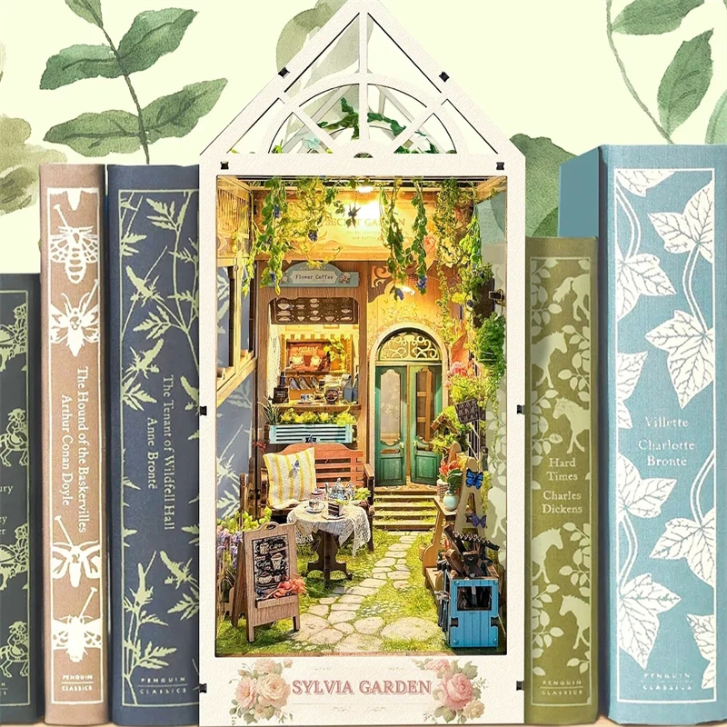 DIY Book Nook Wooden Miniature Model Kit Sylvia Garden Bookend Assembled 3D Puzzle Light Bookshelf Home Decor Friends Gifts 2