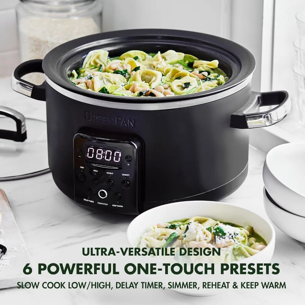 6-in-1 4QT Electric Ceramic Slow Cooker with Glass Lid, Multifunction Presets, Hard Anodized