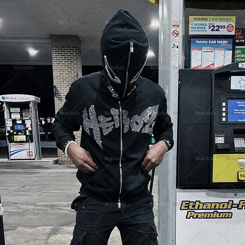 Men Zip Hooded Sweatshirt Y2K Demon Rhinestone graphics Harajuku Goth Oversized Grunge emo