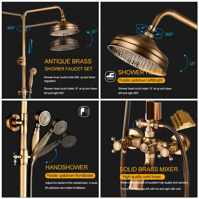 

Vidric Vidric Antique Brass Shower Faucets Set Wall Mounted Dual Knobs Shower Mixer Tap Hot Cold Water Mixer Swivel Tub Bath Sho