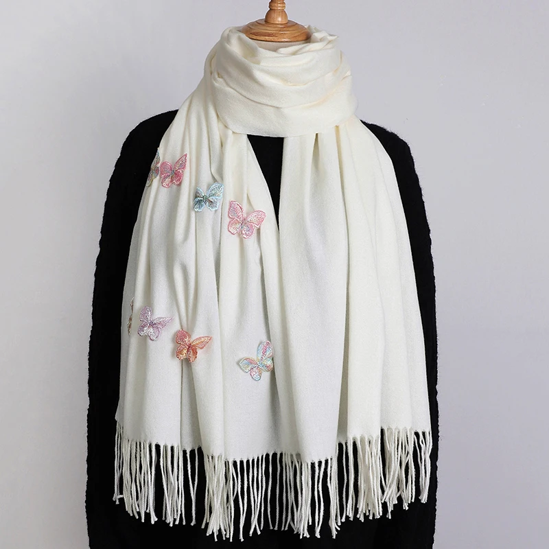 Роскошный дизайн, зимний шарф, шали, вышитая бабочка, теплая шерсть, однотонный, черный, большой, плотный, теплый, длинный, женский шарф