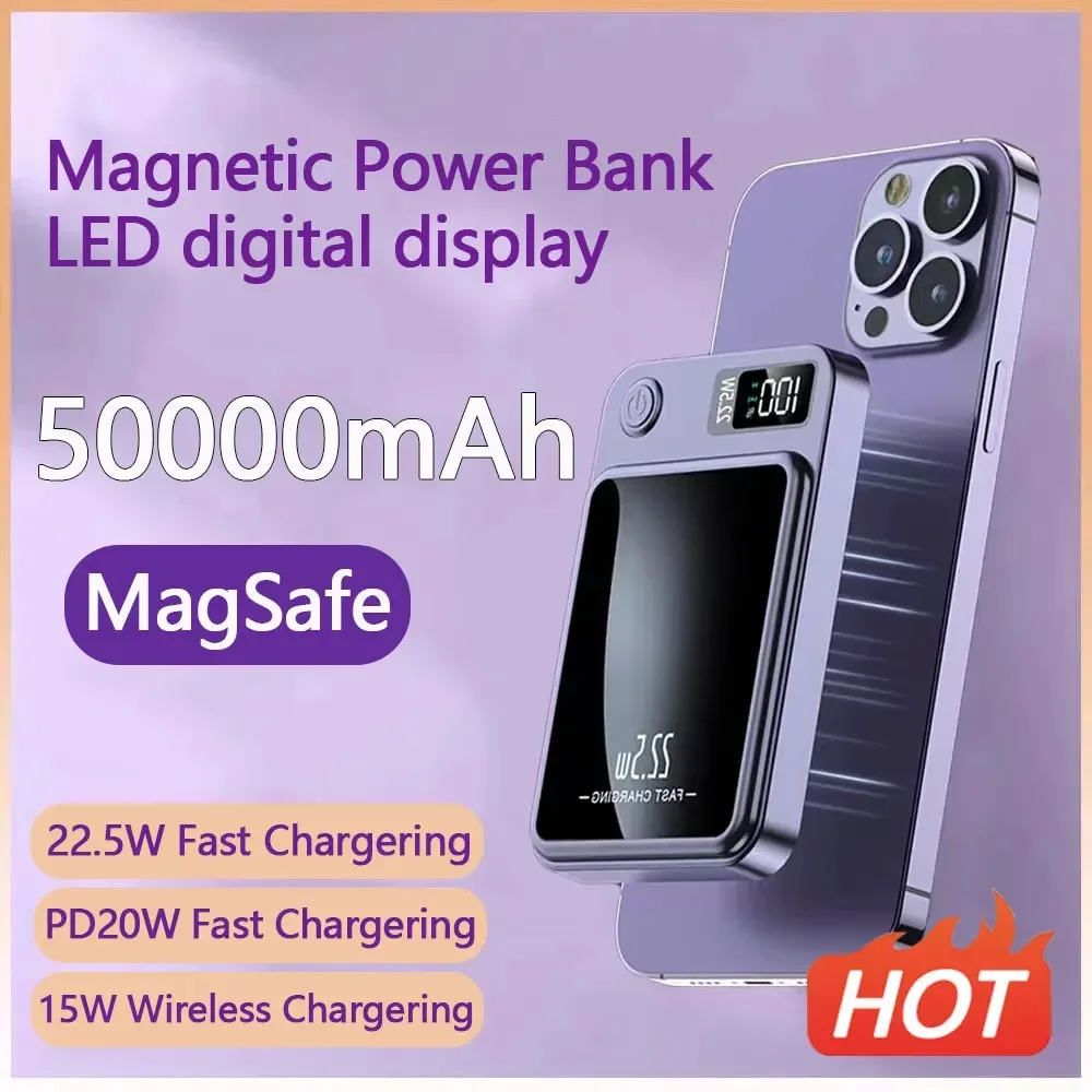 

50000mAh Magnetic Power Bank 22.5W Wireless Super Fast Charging Powerbank For iPhone Samsung Huawei Portable Induction Charger