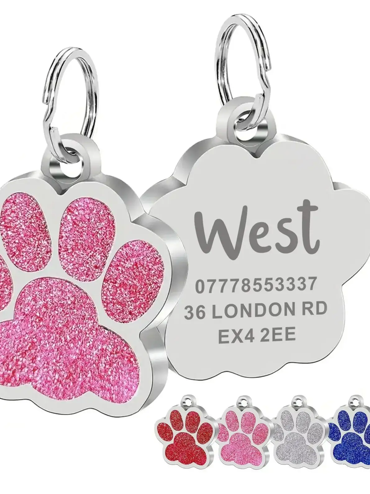 Personalized Glitter Paw Print Pet ID Tag - Engraved Waterproof Name Charm