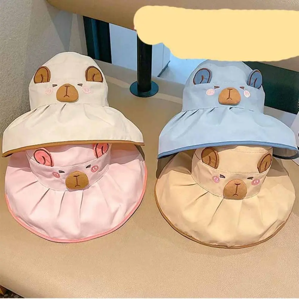 Korean Style Cartoon Capybara Bucket Hat Solid Color Shading Hat Summer Kid Sunhat Anti-UV Sun Hat Quick-dry