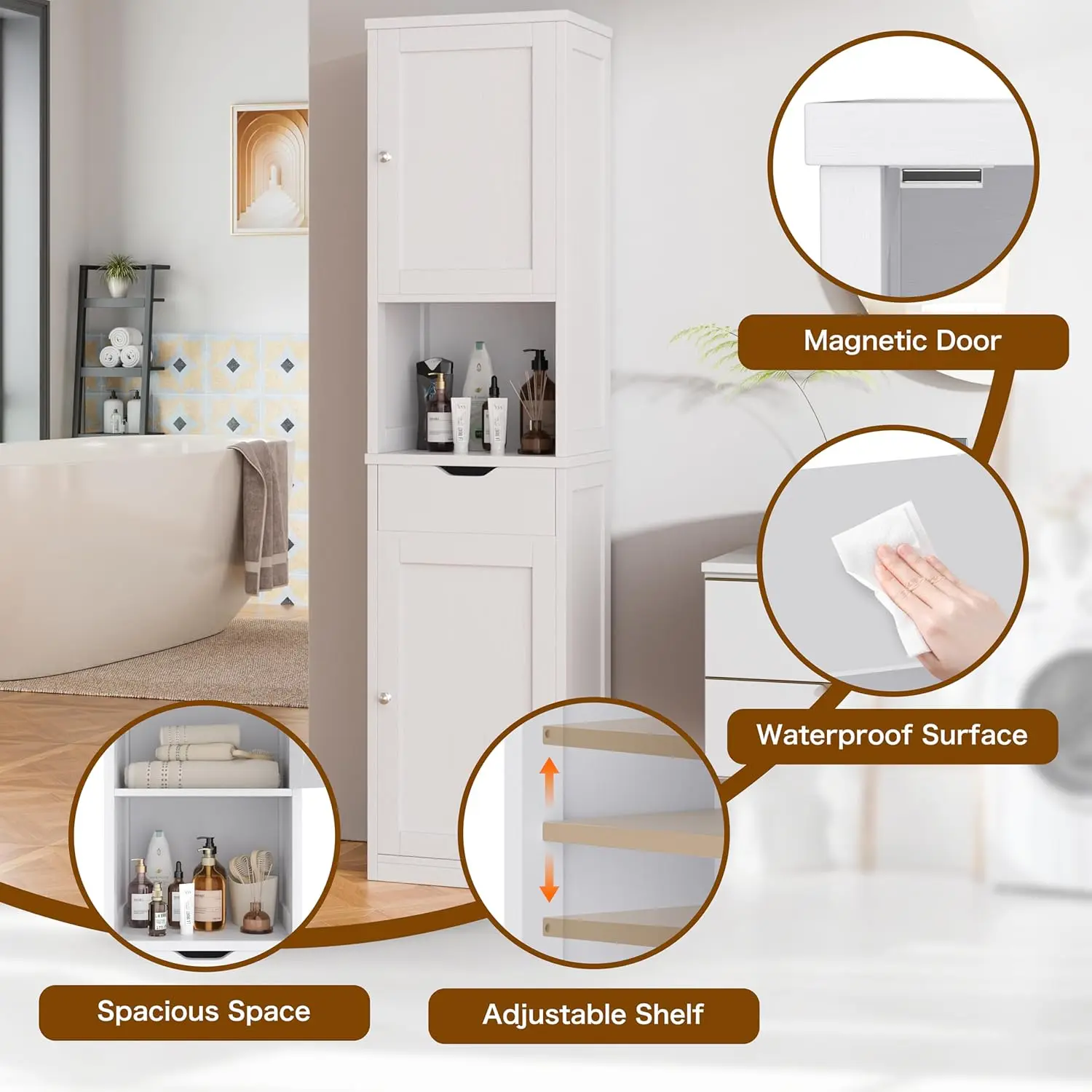 Tall Bathroom Storage Cabinet with Freestanding Adjustable Shelves, Narrow Storage Linen Cabinet with 2 Doors and 1 Drawers