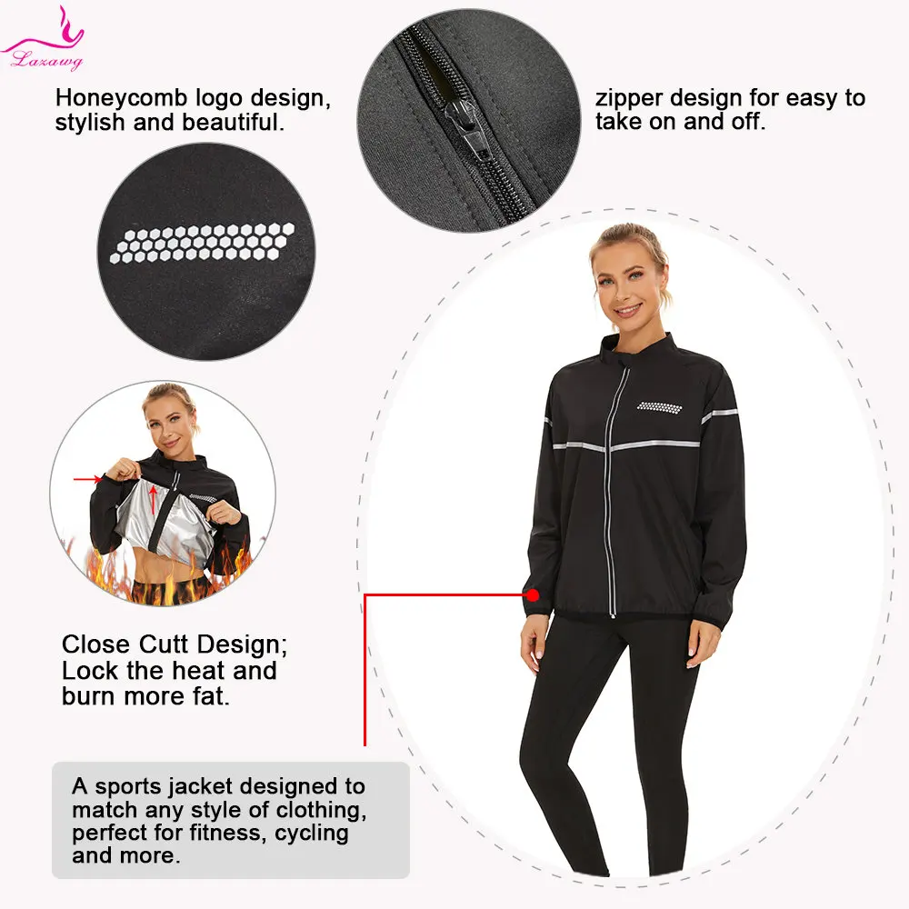 LAZAWG Sauna Jacket for Women Weight Loss Top Hot Sweat Long Sleeves Fitness Sportwear Thermal Ladies Body Shaper Workout Gym