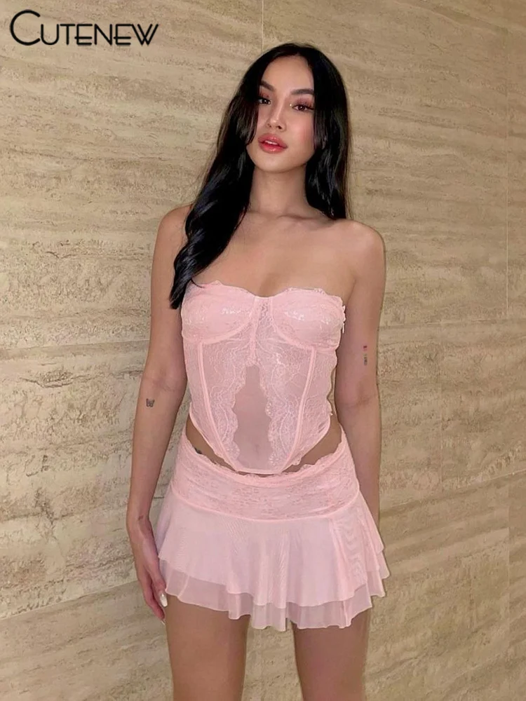 Women's Elegant Sexy Lace See Through Two Piece Set Solid Patchwork Off-shoulder Ruched Top+ Slim Skirts Lady Dress Suit