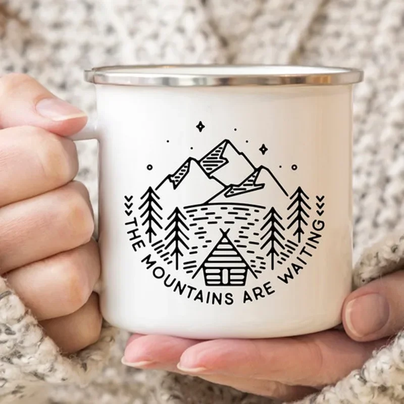 The Mountain Are Waiting Print Enamel Mug Creative Camping Coffee Tea Water Milk Cup Mugs Handle Drinkware Vacation Hiking Gift 1