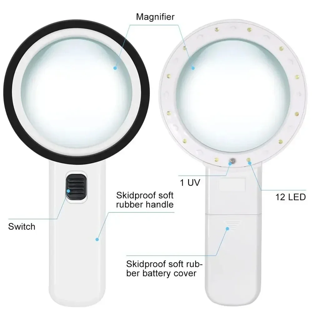 30X Handheld Illuminated Magnifying Glass with 12 LED Lights Reading Magnifier for Seniors Coins Insect Inspection Jewelry Loupe Magnifying Glass