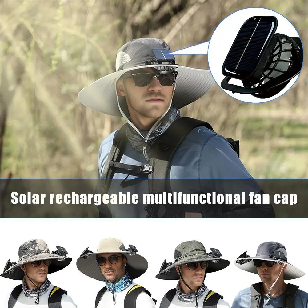 

60-65cm Solar Fan large wide brim Fisherman Hat Outdoor Fishing Hat Sunscreen quick-dry Travel Hats Men Rechargeable Mute Cap