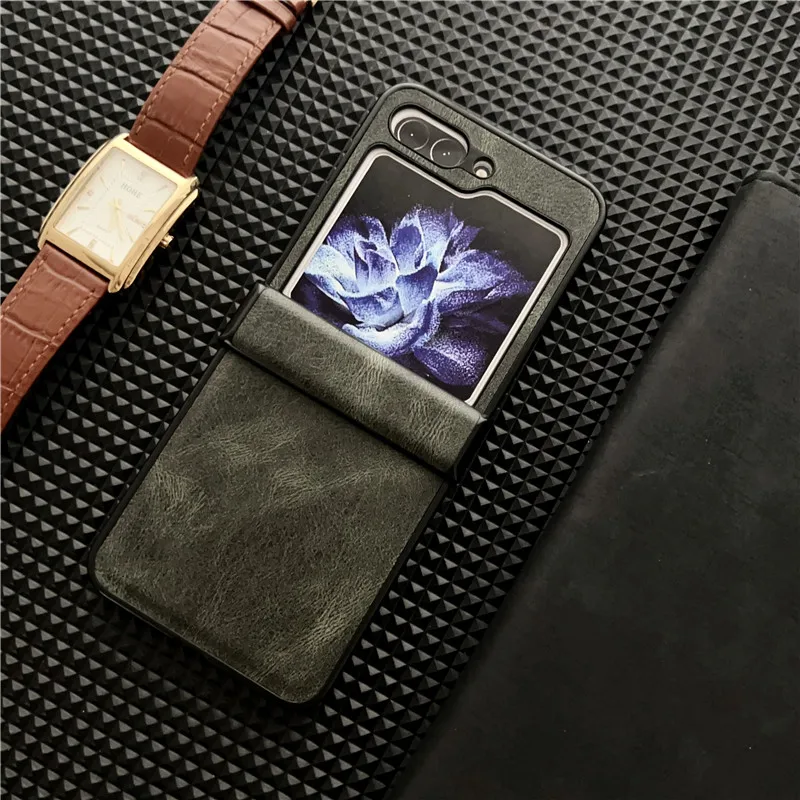 Leather Phone Case For Samsung Galaxy Z Flip 3 4 5 5G Solid Color Stand Hinge Protective Flip5 Shell Cover