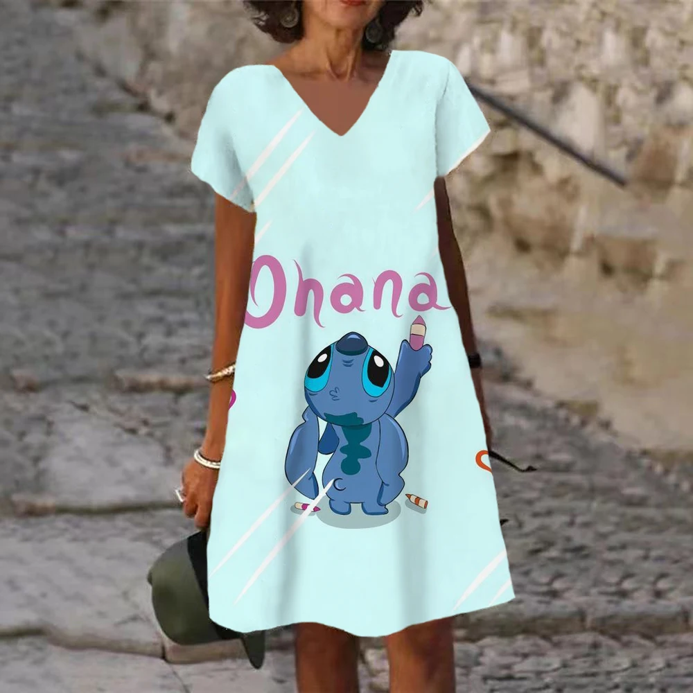 thumbnail image 1 of Vestido de verano para mujer con estampado 3D de Lilo y Stitch de Disney, cuello en V, elegante, informal, hasta la rodilla, estampado hawaiano para playa, nuevo, 1 of 5