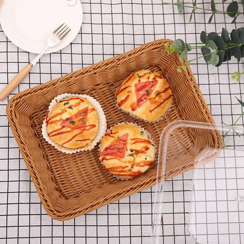 Woven Rattan Basket Bread Basket with Acrylic Lid Tabletop Food Serving Basket Woven Fruit Basket with Cover Imitation Rattan