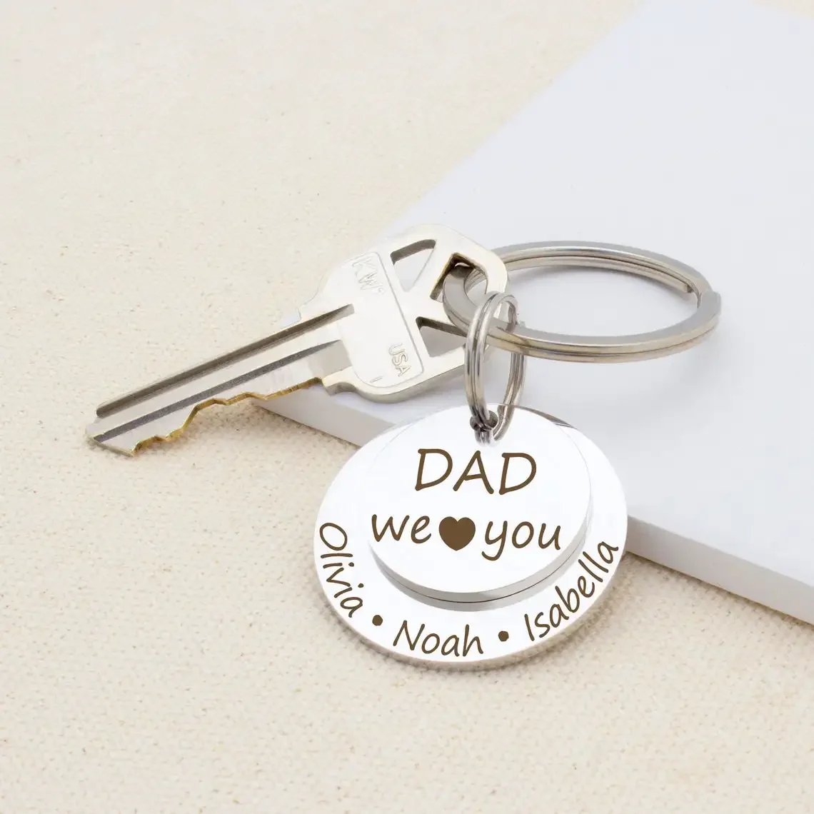 Engrave Kids Names Stainless Steel Round Customized Key Rings Silver Pendant Charms Key Chain Fathers Day Gift for Lovers