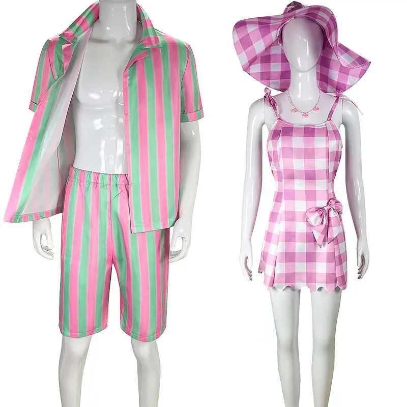 

Movie Barb Pink Plaid Slip Sleeveless Dress for Woman Men Striped Shorts Shirt Suit Ken Halloween Cosplay Costume