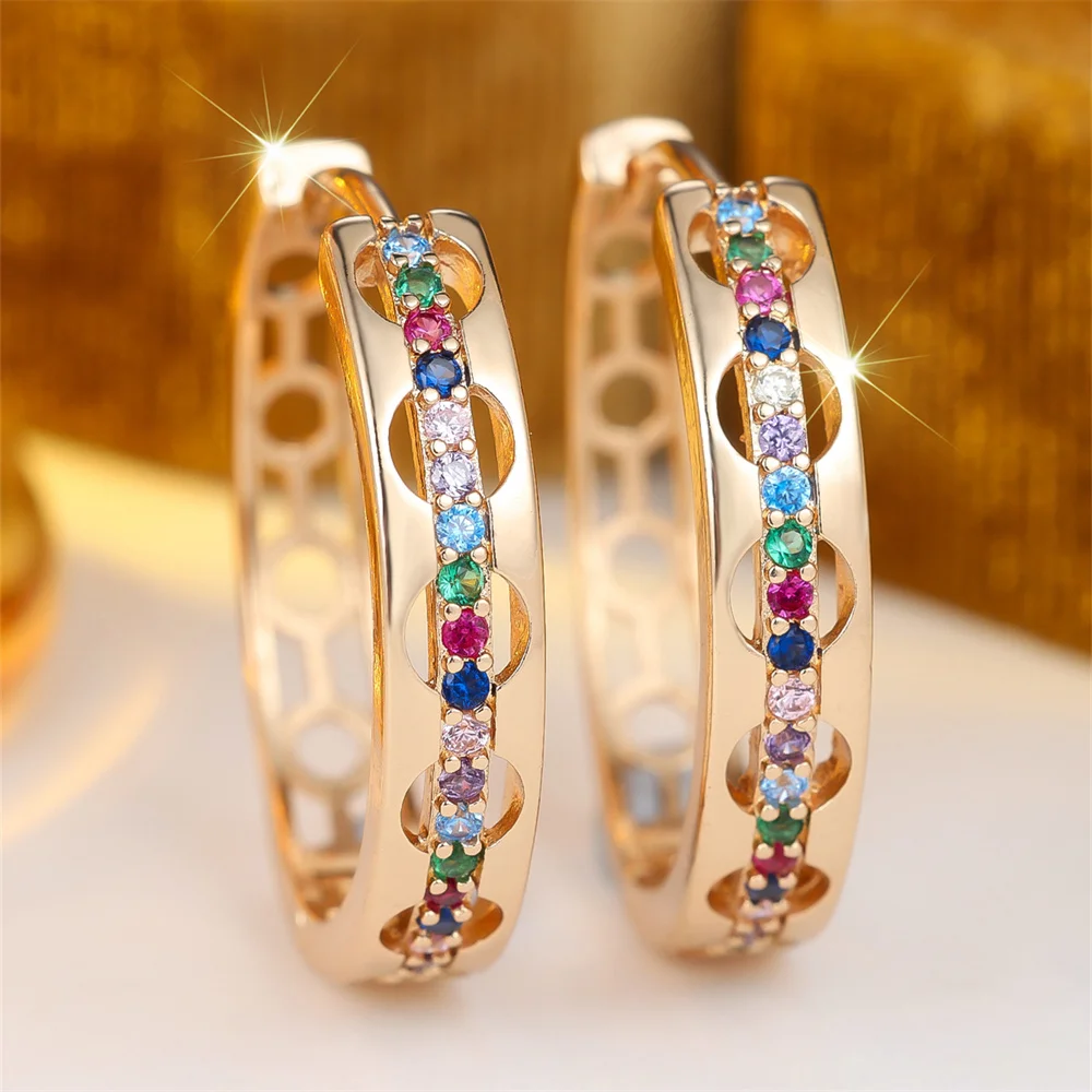 Vintage Hollow Rainbow Zircon Round Stone Hoop Earrings For Women Antique Trendy Gold Color Tiny Ear Buckle Wedding Jewelry Gift