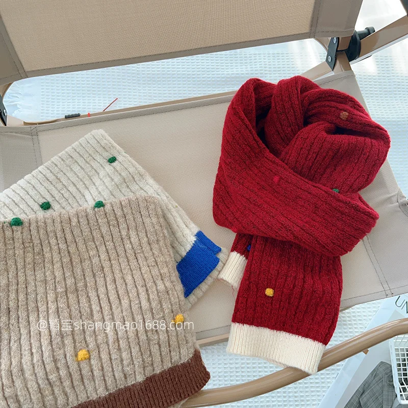 Color Dots Children Wool Knitted Scarf Students Advanced Sense Everything Bib Boys Girls Winter Baby Warm 24W015