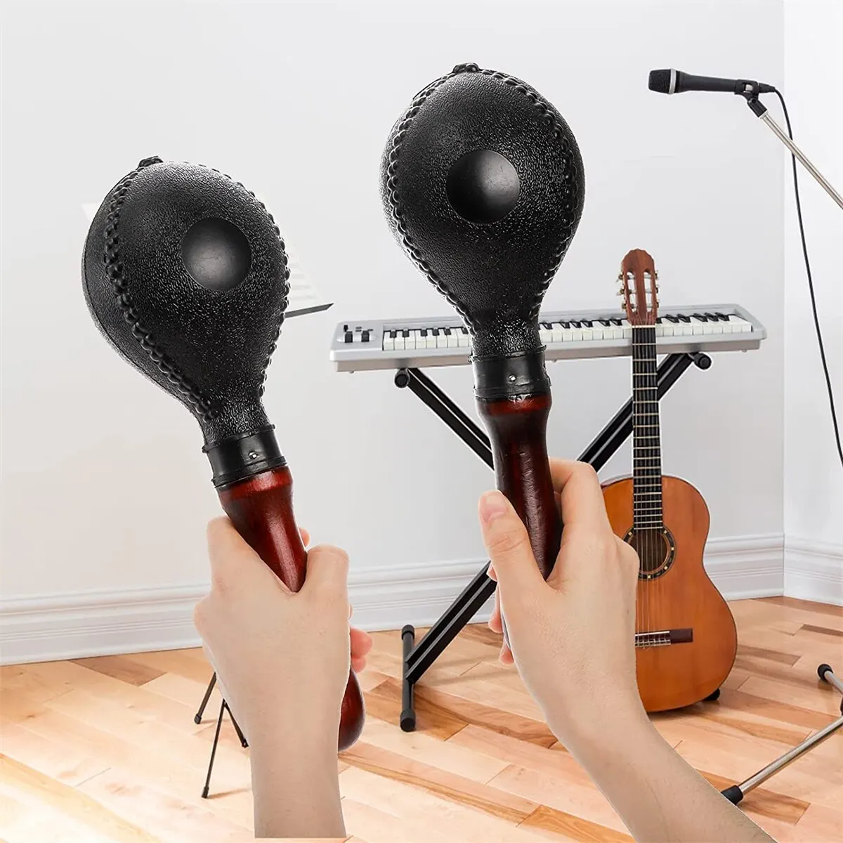 Sand Hammer Percussion Instrument Shakers Rattles 1 Pair with ABS Plastic Shell and Wooden Handles Black Wood Handle Maracas