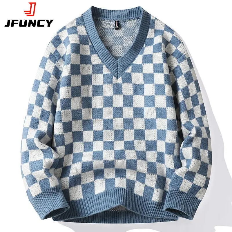 JFUNCY Men Knitted Sweater Male Black Pullover Oversized V Neck Jumpers Harajuku Mens Clothing Men's Vintage Winter Knitwear