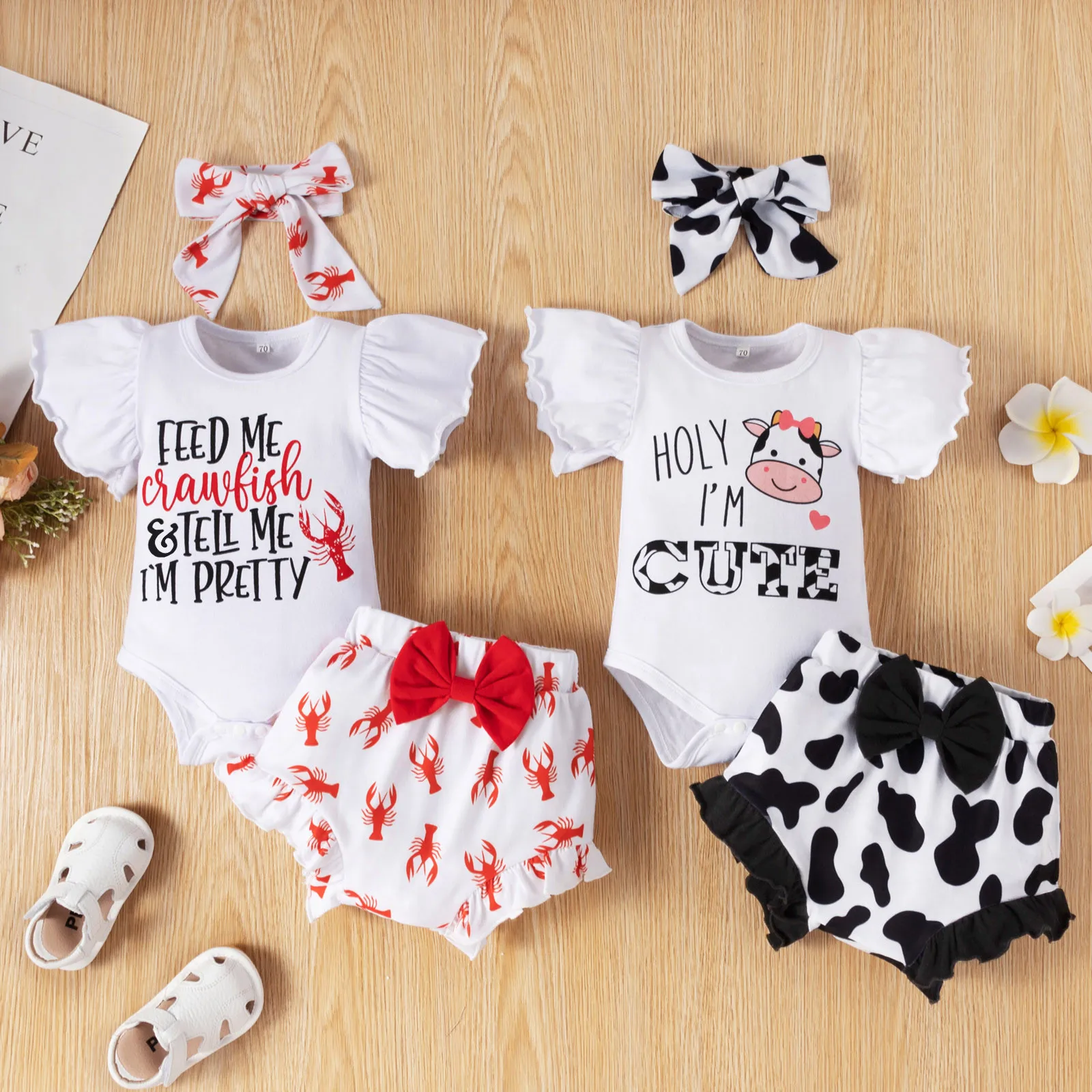 Baby Girl One Birthday Outfits Ruffle Sleeve Romper+Strawberry Shorts+Headband 3Pcs Summer Clothes 