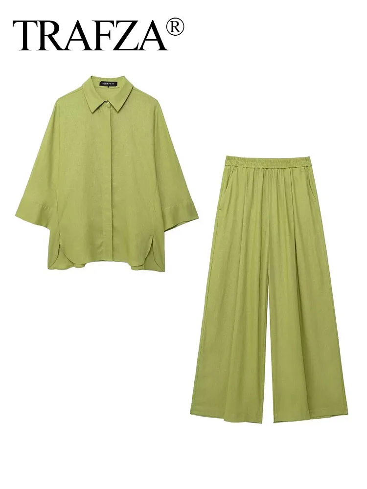 

TRAFZA Women 2 Piece Set Elegant Elastic Waist Pocket Folds Decorate Wide Leg Pants+Solid Single-Breasted Slit Hem Blouse Top