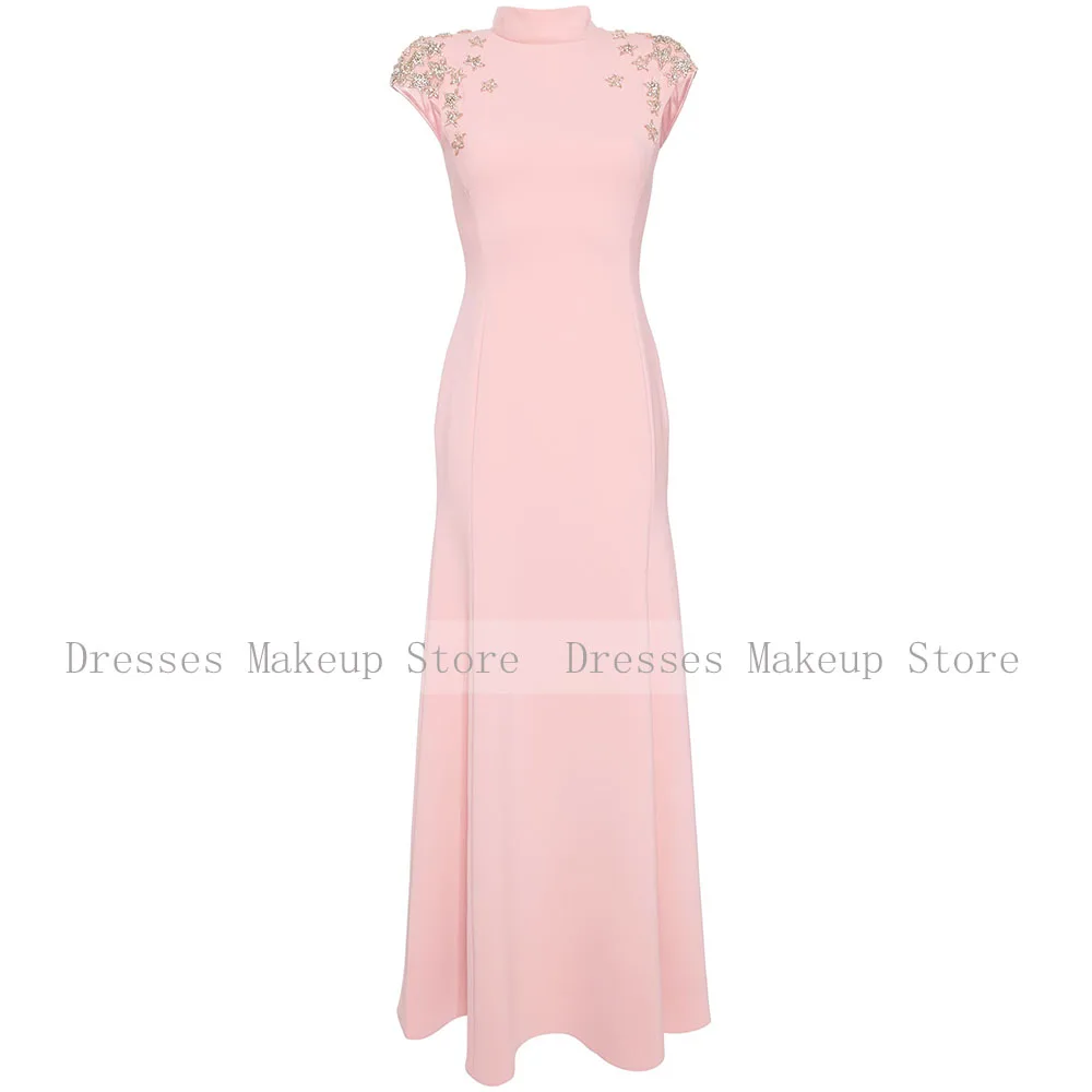 Elegant Wedding Guest Dresses Pink Mermaid Crystals Cap Sleeves Formal Party Gowns for Women High Collar Trumpet Evening Dress 5
