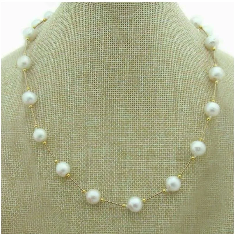 

New AAAA Round 8-9mm AKOYA White Pearl Station Necklace with 18 inch 14K Gold Buckle