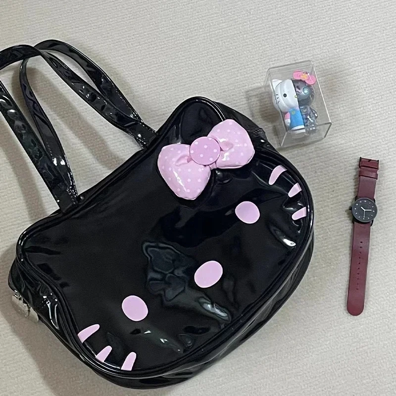 Womens Shoulder Bag Black Leather Cute Bow Harajuku Fashion Kitty Cartoon Kawaii Tote Bag New Style Casual Girls Handbag