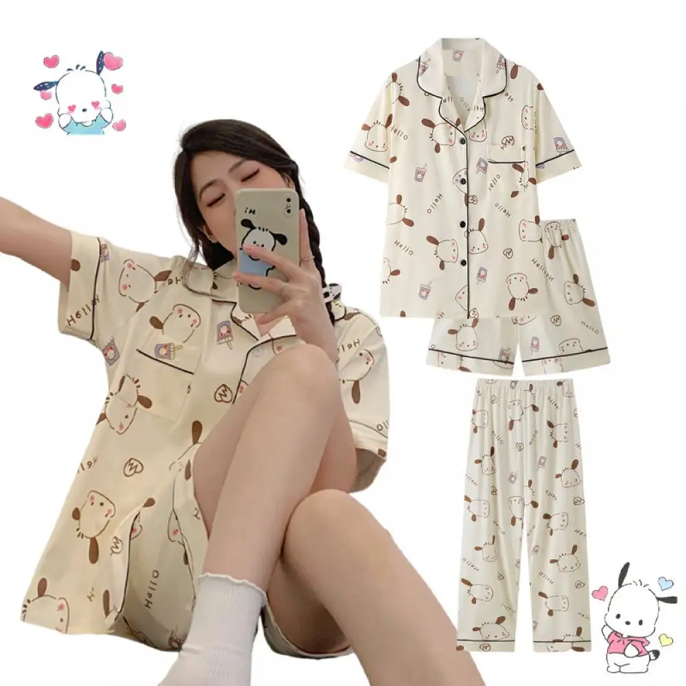 

New Sanrios My Melody Hello Kitty Nightdress Cartoon Pachacco Kuromi Summer Polyester Giris Three Piece Set Short Sleeve Pajamas