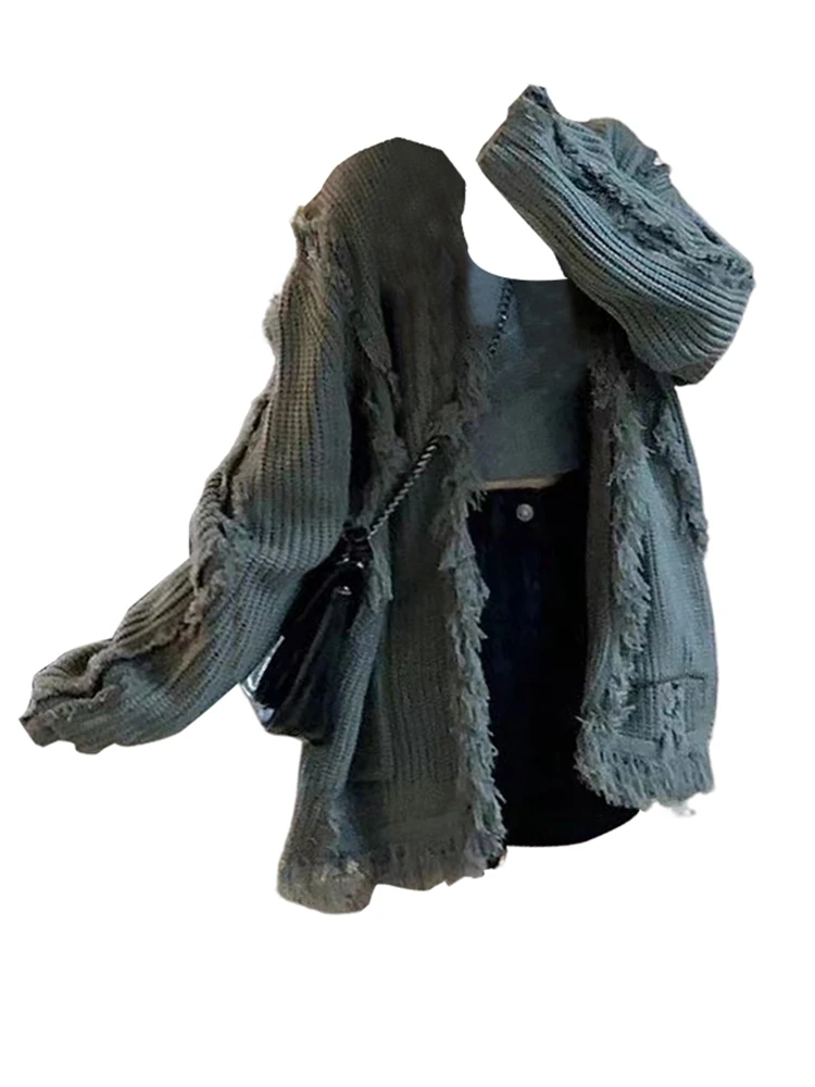 

Fall Winter Harajuku Fashion Woman Baddie Style tassels Cardigan Sweater Y2k Streetwear 2000s Aesthetic Design Oversize Knitwear