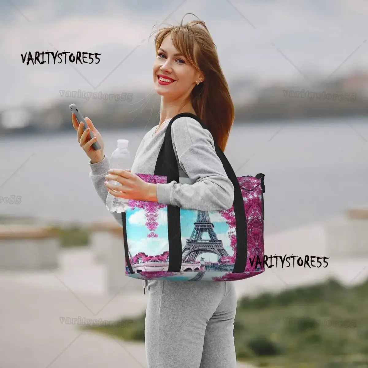 Eiffel Tower Paris Floral Tote Bag for Women Large Capacity Romantic Landscape Beach Gym Travel Bags