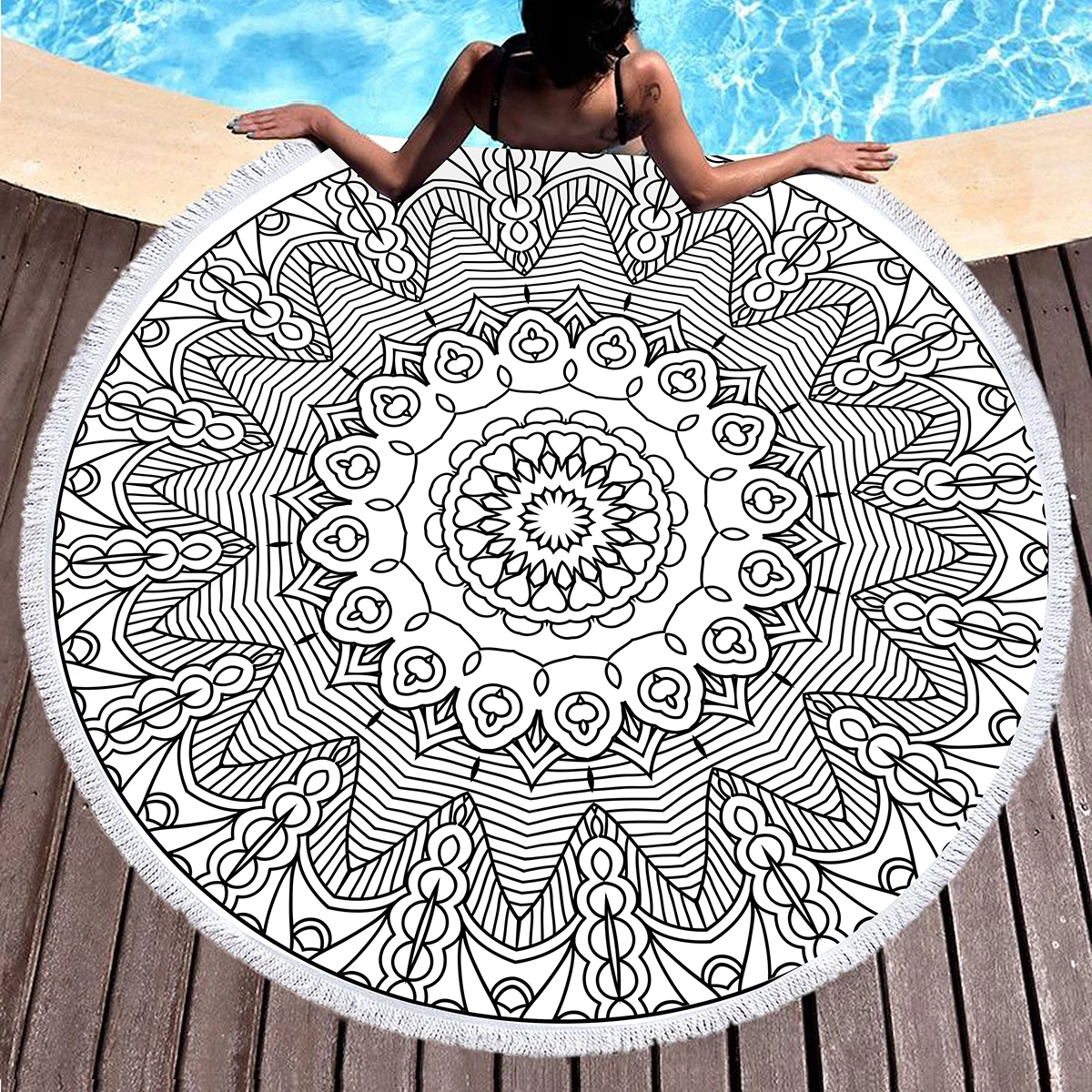 Mandala Round Beach Towel,Black and White Pattern Oversized Anti-Sand Quick-Drying Beach Blanket Bath Towel Yoga Mat Picnic Mat 6