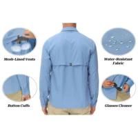 Chemises de pêche à manches longues UPF 50+ pour hommes Protection solaire Chemise de travail de randonnée respirante Chemise boutonnée décontractée avec poche zippée 4