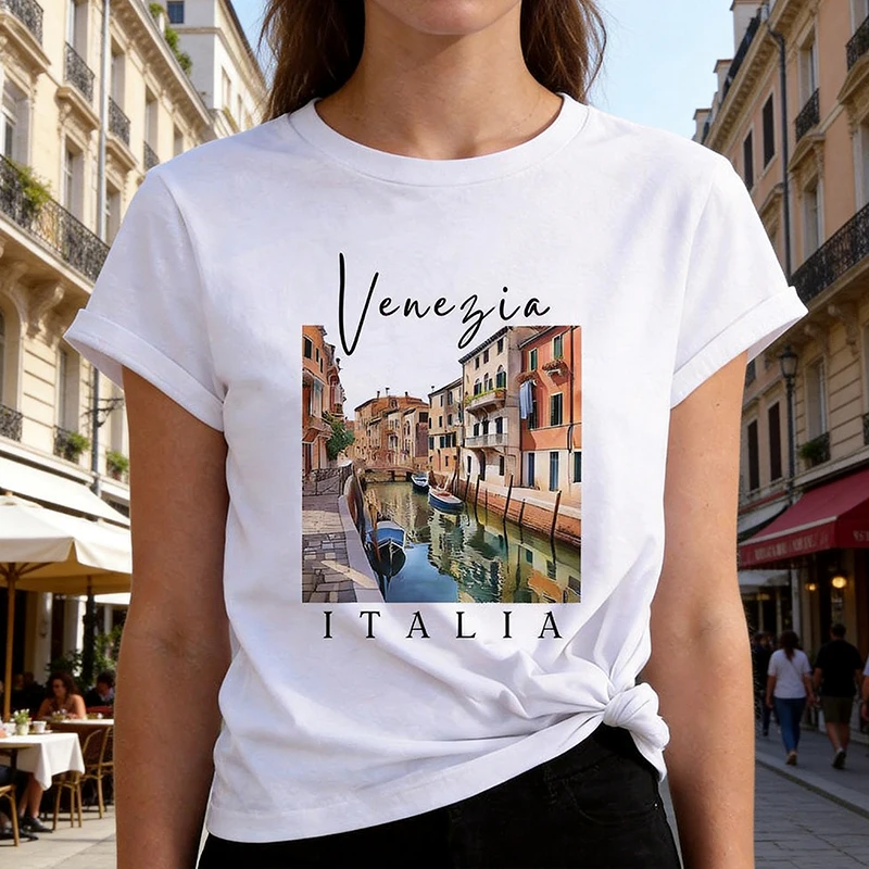 Venedig Italien Buchstaben-Print T-Shirt Damen 90er Jahre T-Shirt Mädchen Kurzarm Rundhals Lässige Oberteile für Sommer Frühling Kleidung