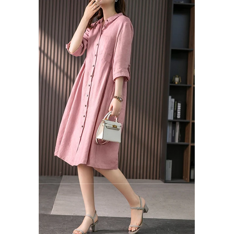 Vestido Camisero De Manga Corta Para Mujer - Algodón, Botones, Bolsillos, Holgado, Ideal Para Verano Y Playa