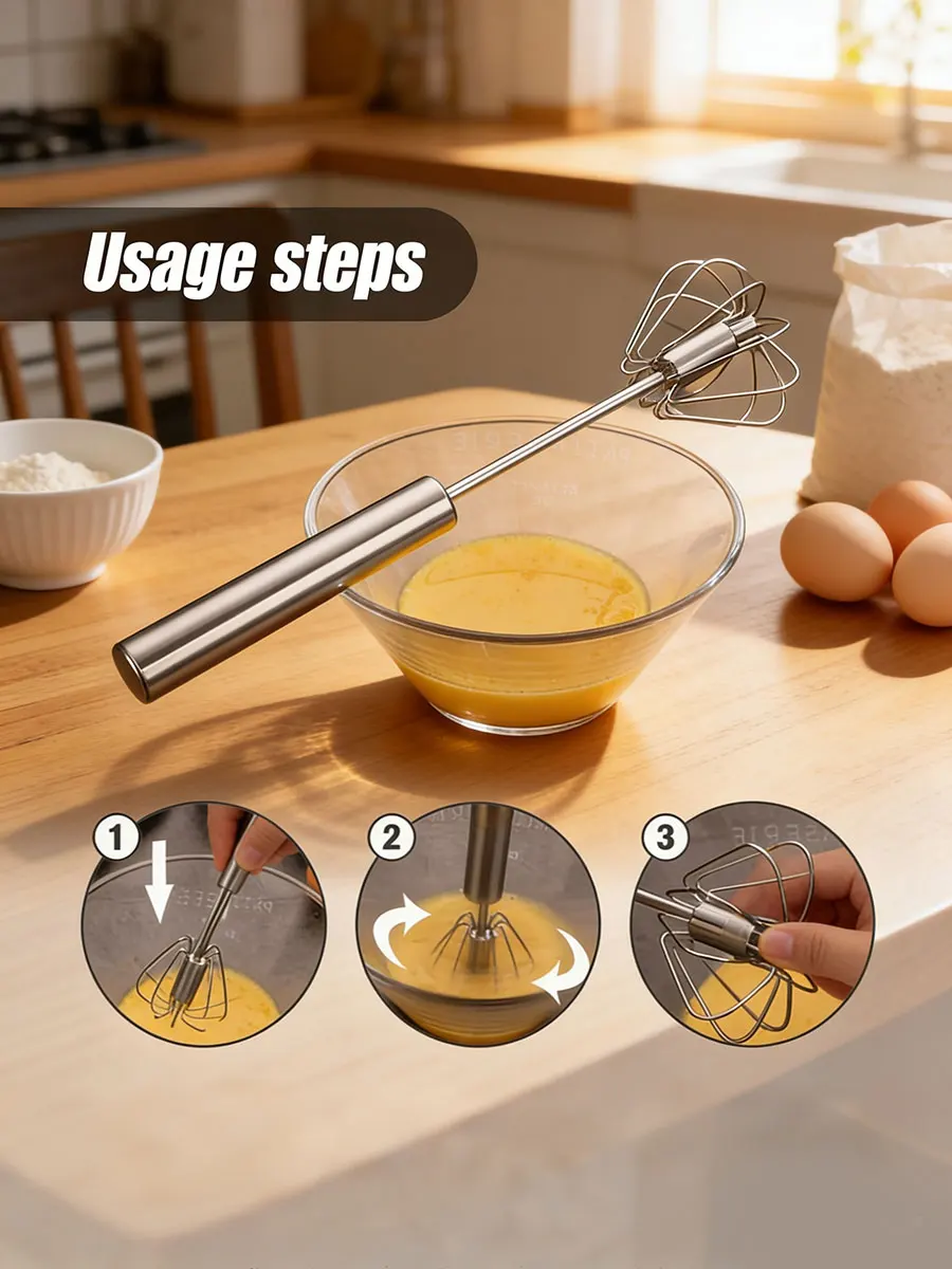 Stainless Steel Egg Beater, Semi-Automatic Hand Mixer and Egg Scrambler for Cream, Eggs and Kitchen Baking, Sliver