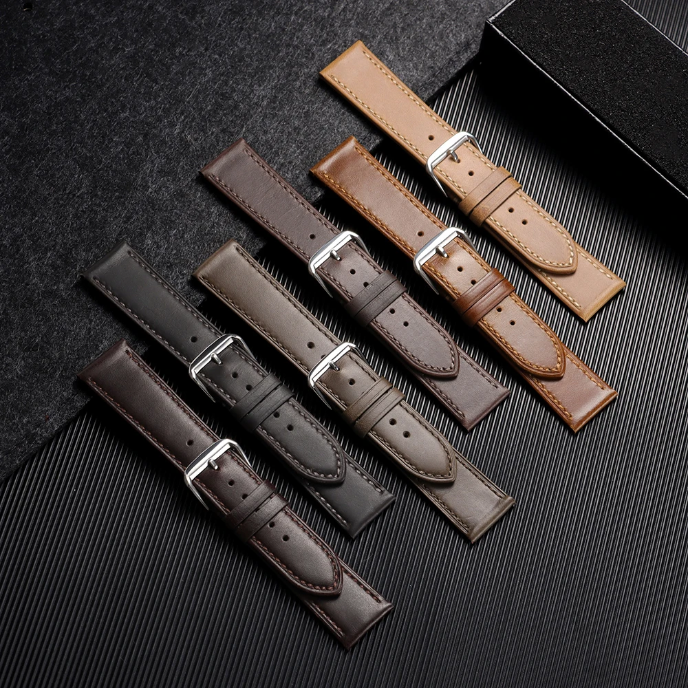 Vintage Genuine Calfskin Leather Watch Strap - Soft Oil Wax Finish in Black, Green, and Brown