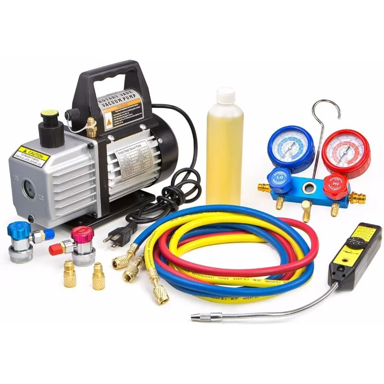 Premium 4CFM Air Vacuum Pump HVAC A/C Refrigeration Kit AC Manifold Gauge Case Set R134a Tap w/Leak Detector and C 2
