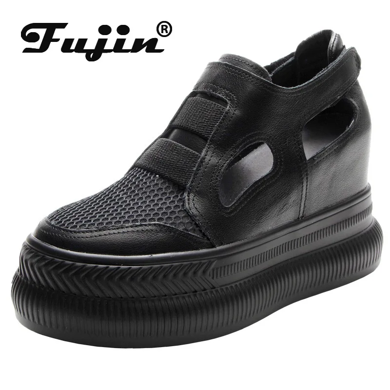 

Fujin 10cm Air Mesh Full Cow Genuine Leather Women Summer Shoes Platform Wedge Hidden Heel Breathable Shoes Hookloop