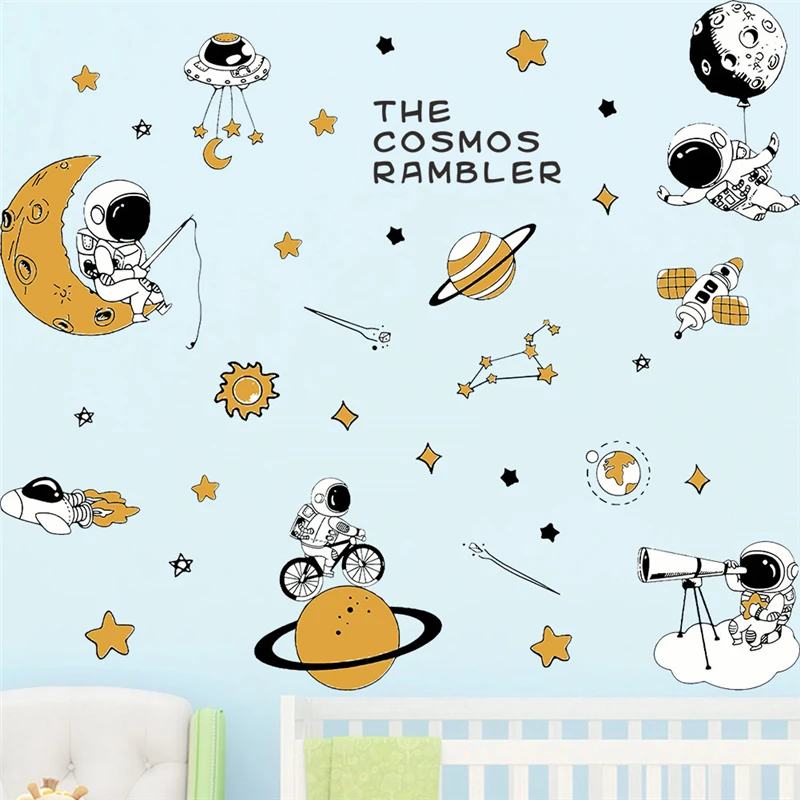 

Cartoon Astronaut Cosmos Rambler Wall Stickers For Kids Bedroom Home Decoration Planet Star Mural Art Pvc Decals Space Poster