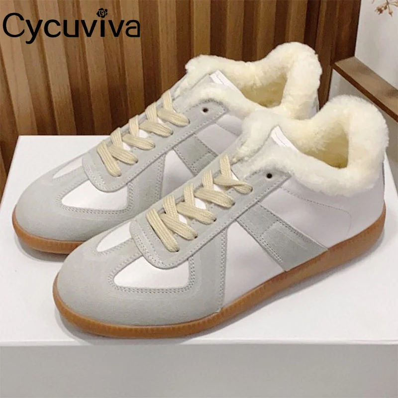 

2023 Winter Wool Lover's Shoes Flat Round Toe Lace up Sneakers Women & Men Fur Shoes Comfortable INS Casual Shoes For Woman