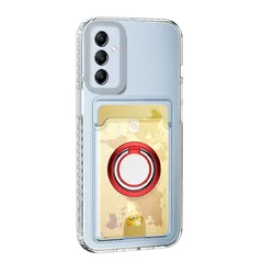 Transparent Card Slot Wallet Holder Silicone Case with Magnetic Ring Stand and Soft Cover for Reno 12 Pro (Red)