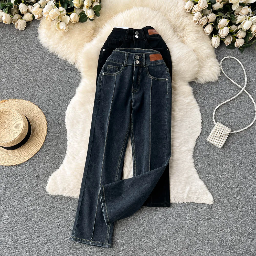 

Autumn Harbor Style Small High Waist Straight Jeans Retro Design Sensation Niche Slit Weave Pants