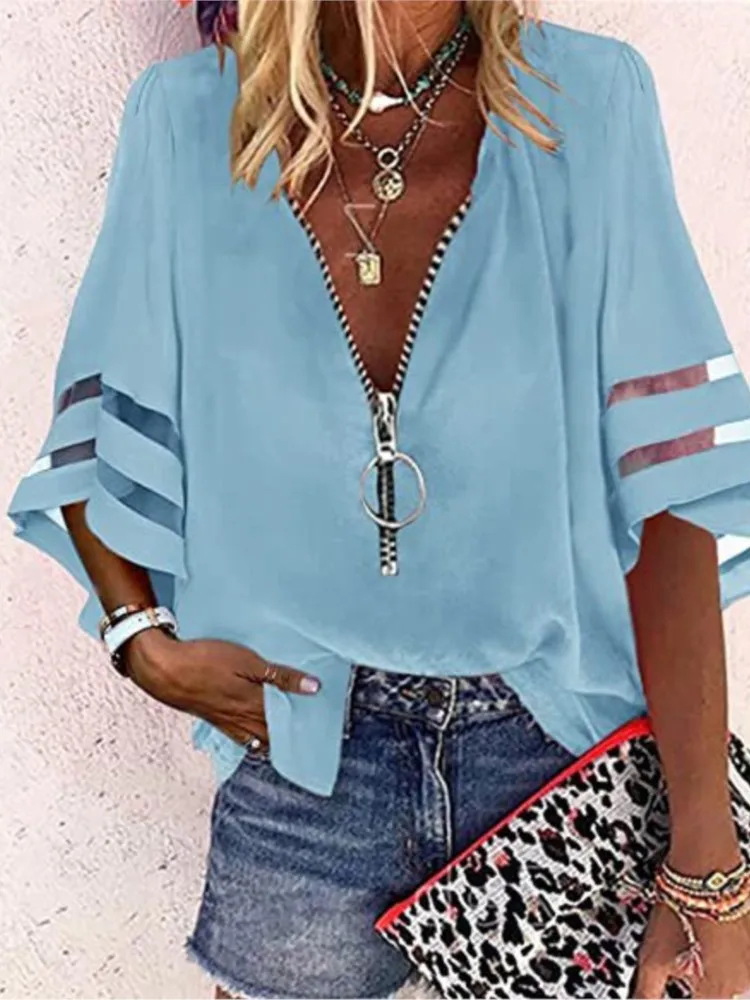 

Женская кружевная блузка на молнии, Повседневная однотонная Свободная блузка составного кроя с расклешенными рукавами и V-образным вырезом, уличная одежда, лето 2024