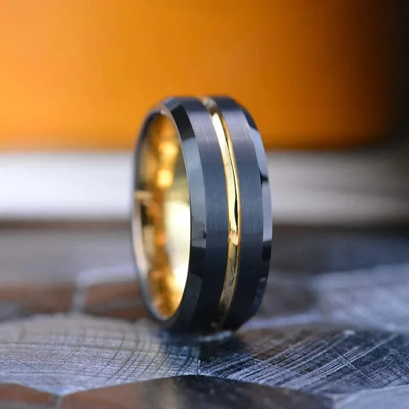8MM Men Gold Color Groove Stainless Steel Rings Black Brushed Engagement Rings for Men Women Wedding Anniversary Jewelry wedding rings womens ring couple rings finger rings jewelry rings ring jewelry