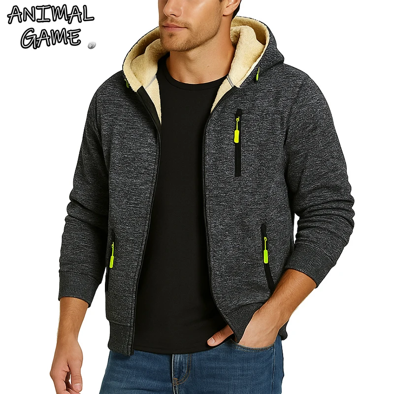 Animal Game Casual Hooded Jackets for Men Heavyweight Fleece Sweatshirts Thick Sherpa Lined Zipper Coats Thick Workout Hoodies