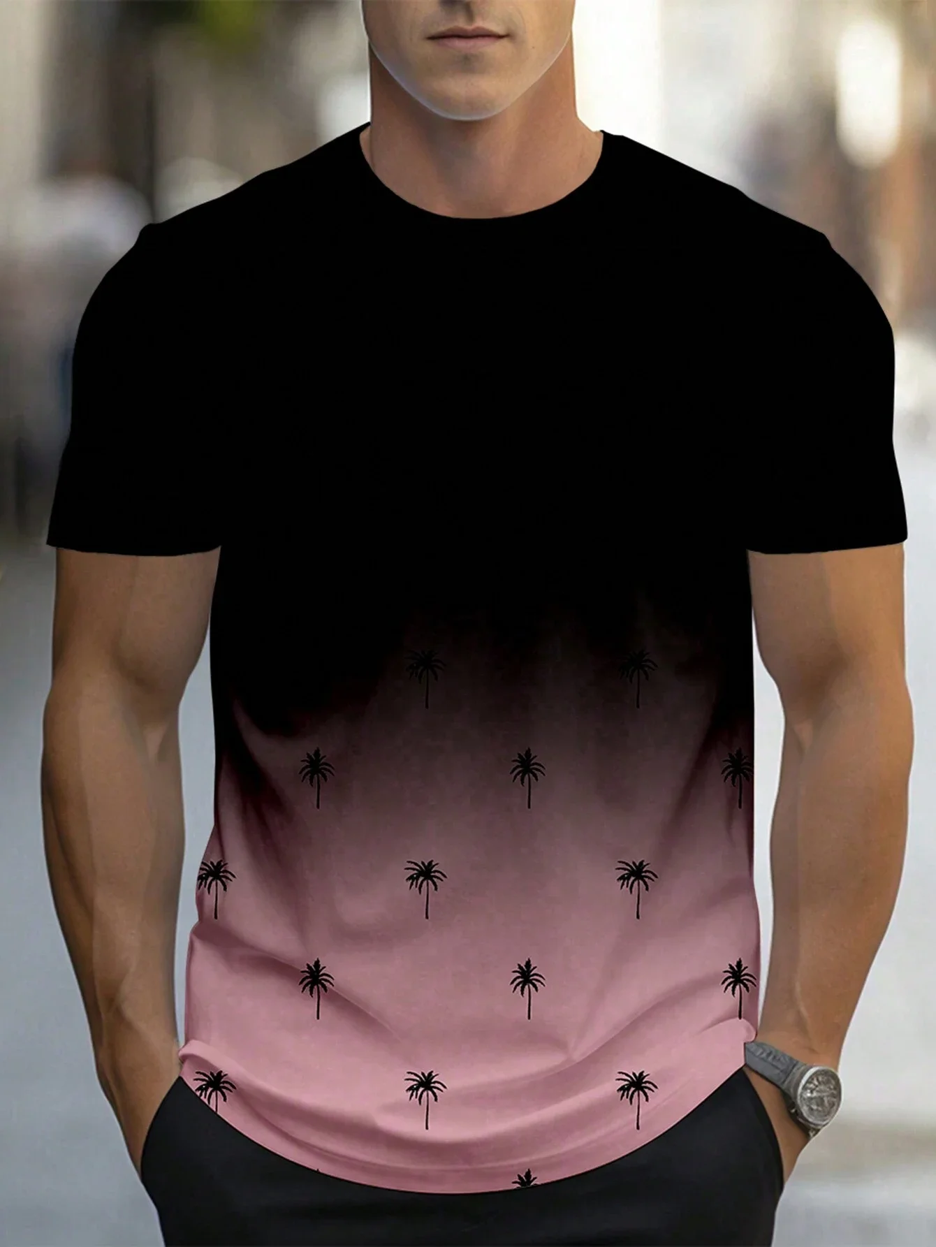 thumbnail image 1 of Camiseta estampada de árbol de coco a la moda para hombre, camisetas de manga corta con degradado estilo Harajuku, camisetas casuales de cuello redondo para hombre, 1 of 4