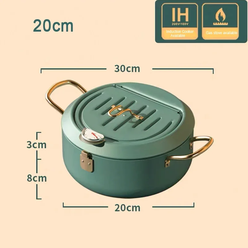 304 מחבת שמן נירוסטה, סיר עמוק טיגון עמוק עם מדחום ומכסה מטמפורה צ 'יפס שמן