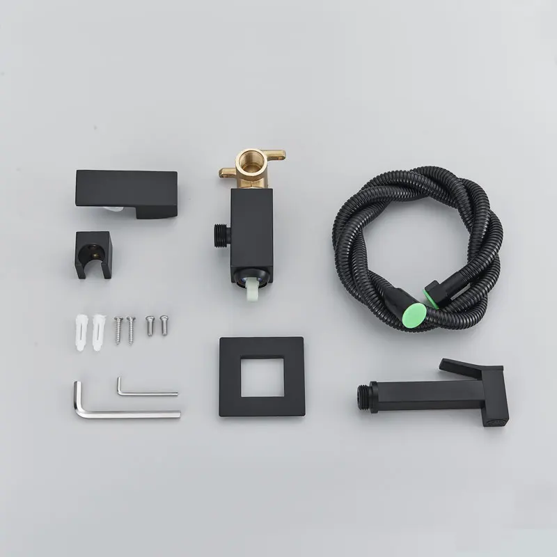Brass Bathroom Bidet Faucet Black High Pressure Shower Tap Washer Mixer Cold Hot Water Mixer Crane Square Shower Sprayer Head 6